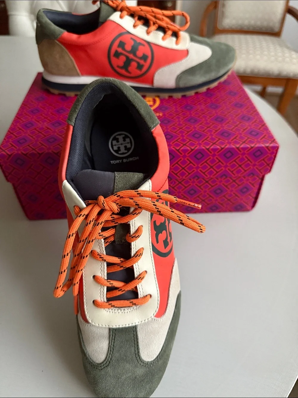 Tory Burch Orange, Olive & Cream Logo Runner Sneakers - Picture 1 of 8